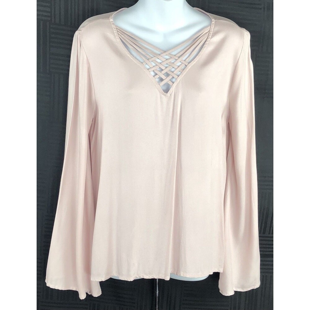 Pink republic rayon top L pink flared long sleeve strappy neck Flowy Peasant